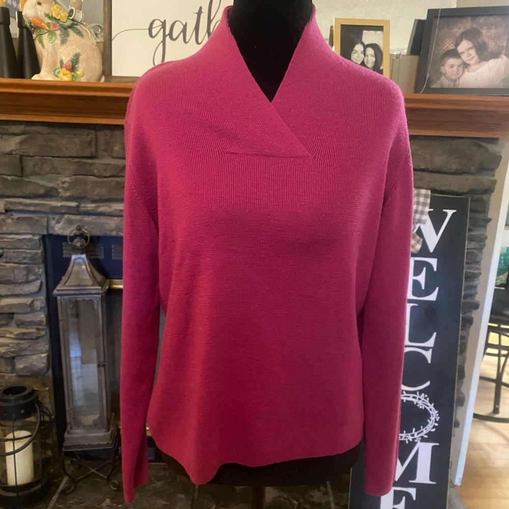 Norm Thompson Raspberry Merino Wool Shawl Collar V Neck Sweater